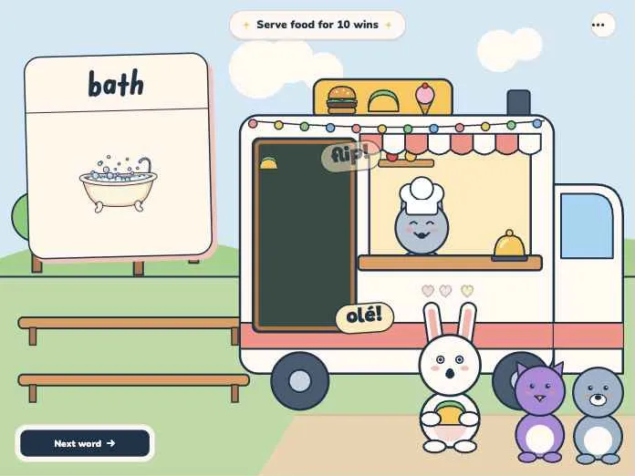 FUNunciation on iPad: the Food Truck game, with a word card for “bath”