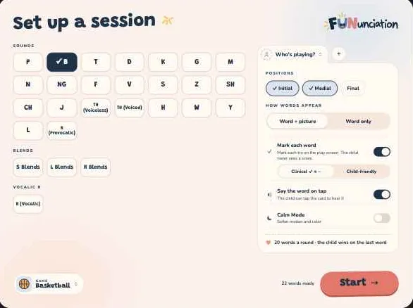 The session setup screen, with sounds, word positions and a game to choose